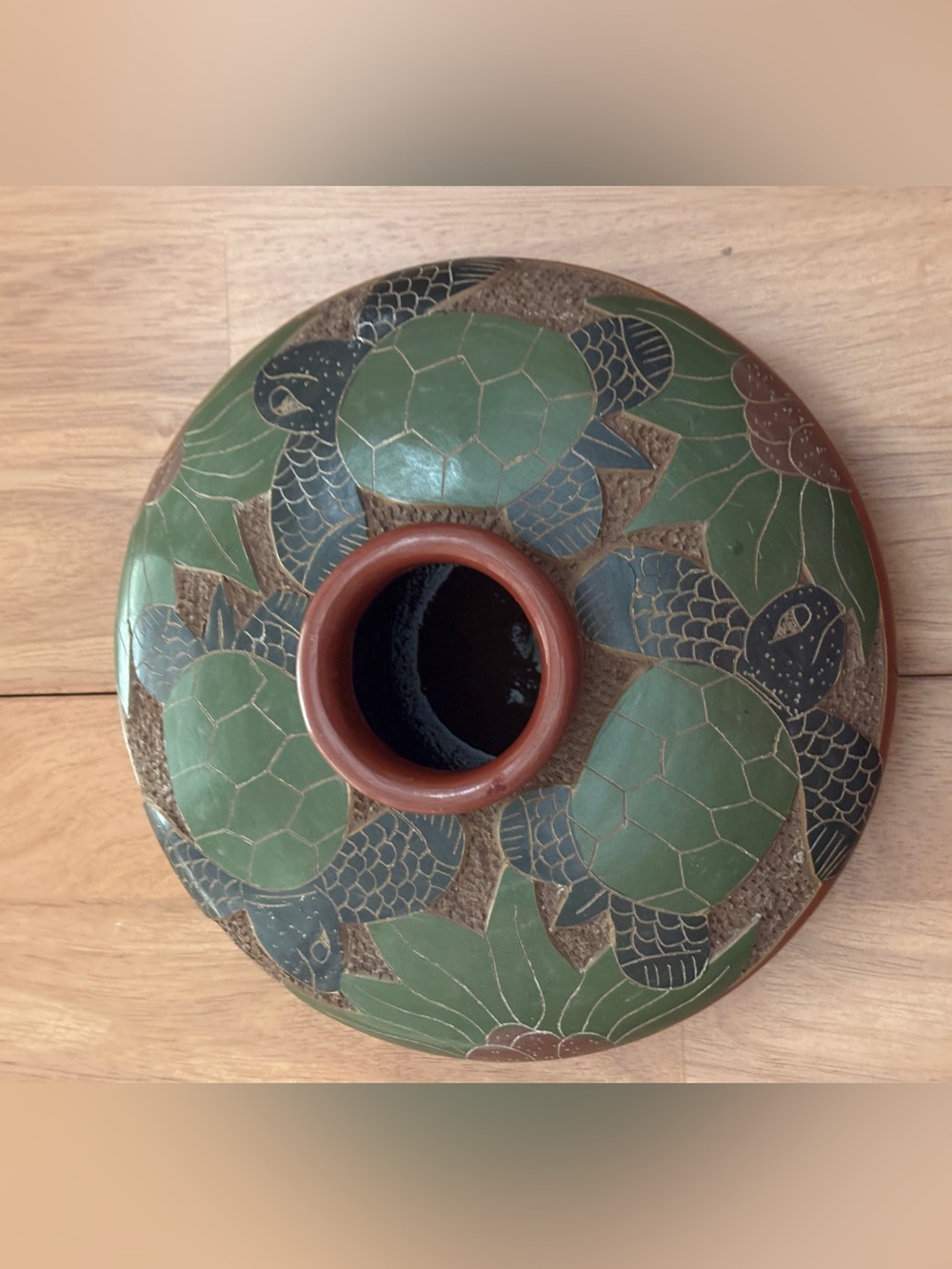 Turtles! Sea & Flower Clay Pot ~ Green, Black, Red ~ pottery ~ Turtle ~
